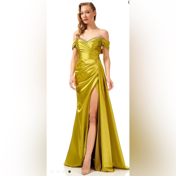 Hot Contact Dresses & Skirts - Elegant Off-Shoulder Olive Gown with Draping Detail. Special occasion gown!